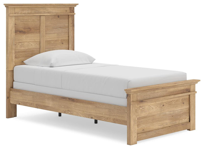 Ashley Furniture Makidern bed frame with a sleek upholstered headboard and modern design, shown from a side angle.