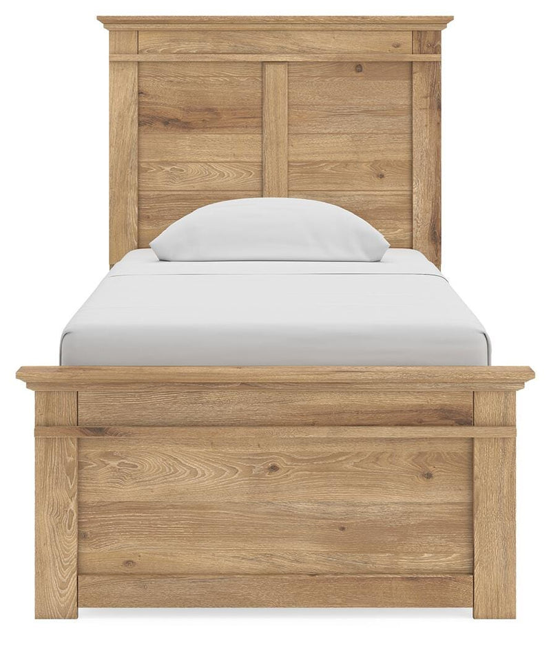 Ashley Furniture Makidern Bed with a close-up view of the headboard showcasing detailed woodwork and a rich finish.