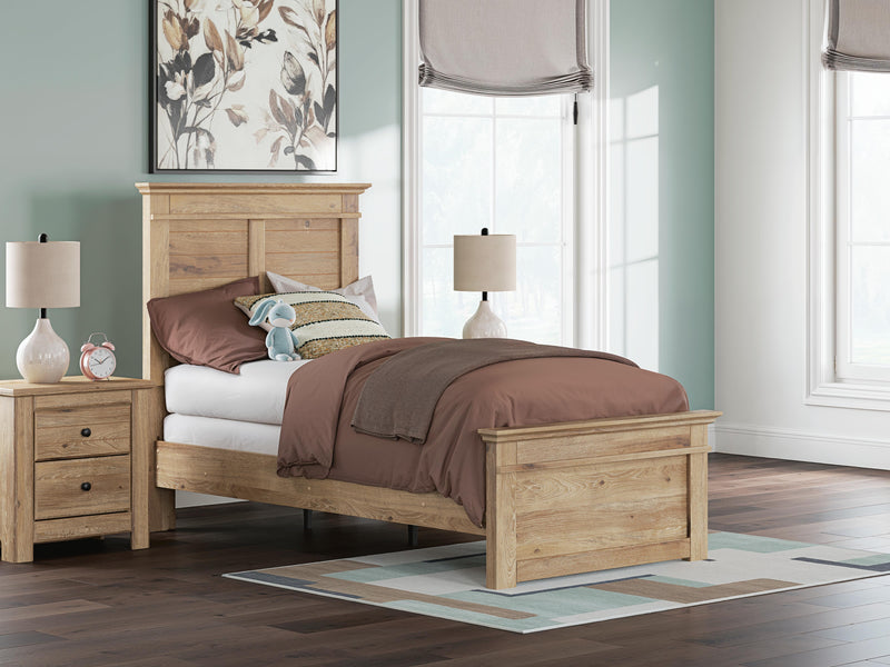 Ashley Furniture Makidern Bed with wood frame and upholstered headboard, shown in a modern bedroom setting.