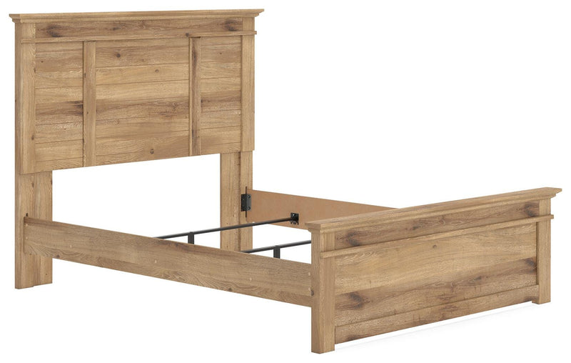 Ashley Furniture Makidern Bed with a sleek wooden frame and stylish headboard, shown from an angled side view.