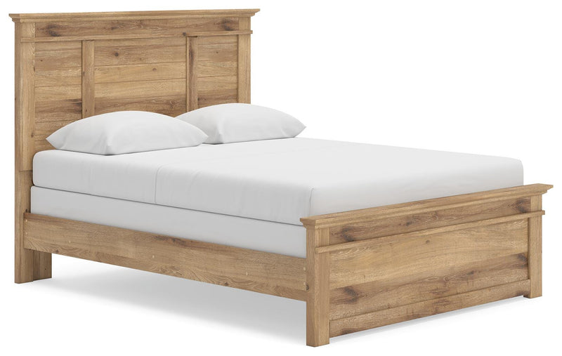 Ashley Furniture Makidern Bed shown from a side angle with a sleek, modern design and a sturdy wooden frame in a well-lit bedroom setting.