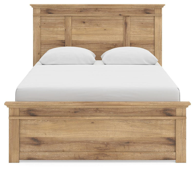 Ashley Furniture Makidern Bed with a modern headboard featuring a sleek, upholstered design in a neutral fabric.