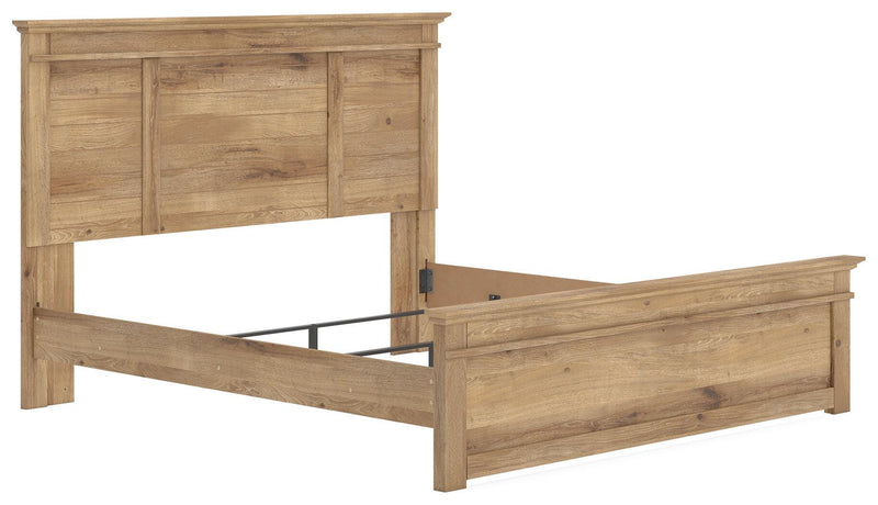 Ashley Furniture Makidern bed with a modern wooden frame and clean lines, shown from an angle with a neutral room background.
