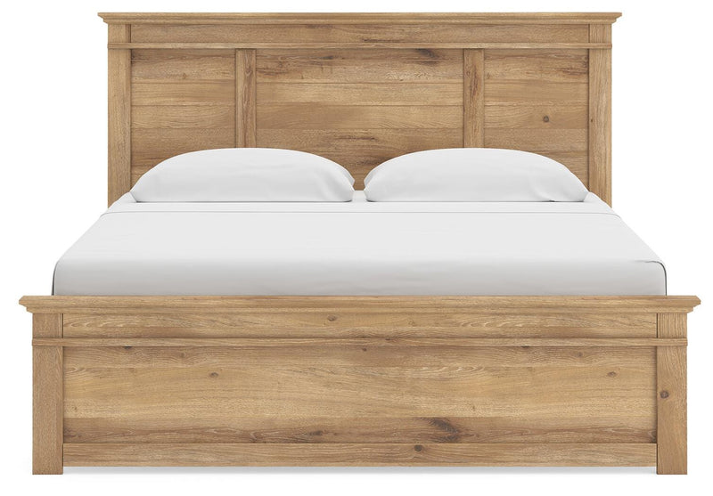 Ashley Furniture Makidern Bed showing a close-up of the headboard with a sleek, modern design in a neutral finish.