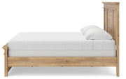 Ashley Furniture Makidern bed with a sleek wooden frame and side view showing the headboard and footboard design.