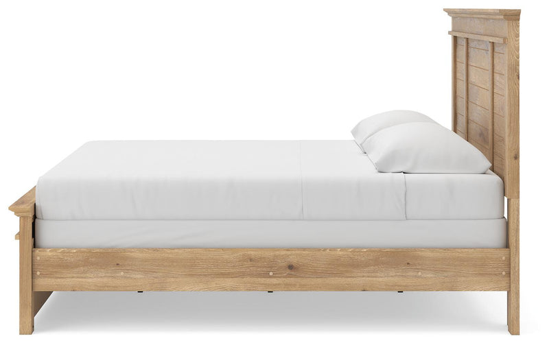 Ashley Furniture Makidern bed with a sleek wooden frame and side view showing the headboard and footboard design.