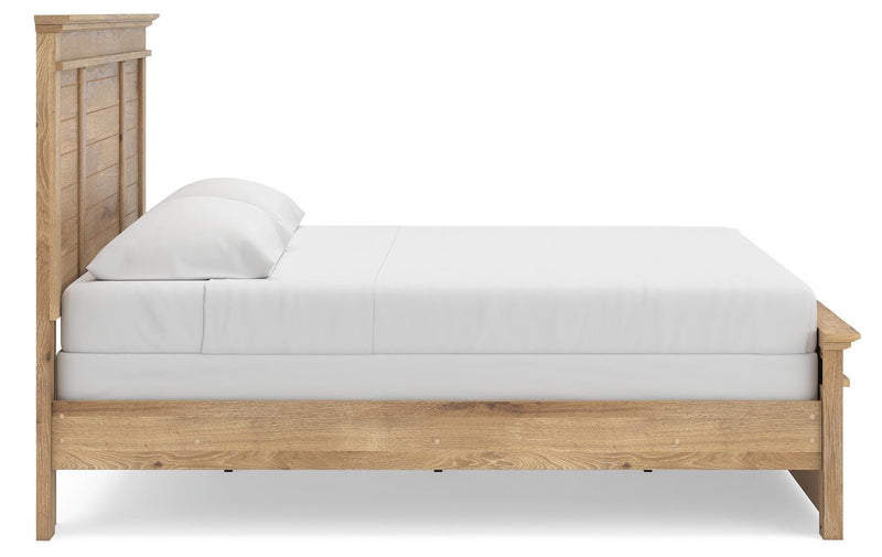 Ashley Furniture Makidern Bed showing a modern wooden bed frame with clean lines and a neutral finish.