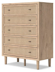Ashley Furniture Cielden chest of drawers with six spacious drawers in a warm wood finish, shown from an angled side view.