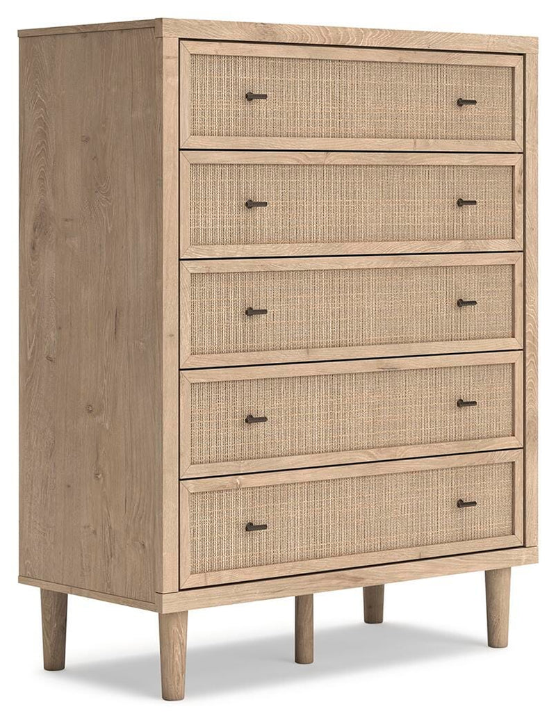 Ashley Furniture Cielden chest of drawers, angled view showing dark wood finish and multiple spacious drawers.
