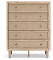 Ashley Furniture Cielden chest of drawers with a sleek wood finish and modern design, shown from a front head-on view.