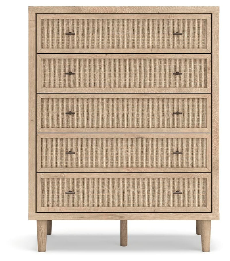 Ashley Furniture Cielden chest of drawers with a sleek wood finish and modern design, shown from a front head-on view.