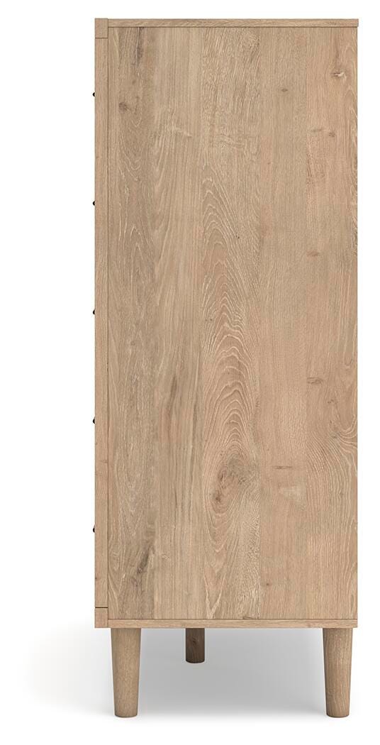 Ashley Furniture Cielden chest of drawers with four spacious drawers and a rustic wood finish, shown from a side angle.