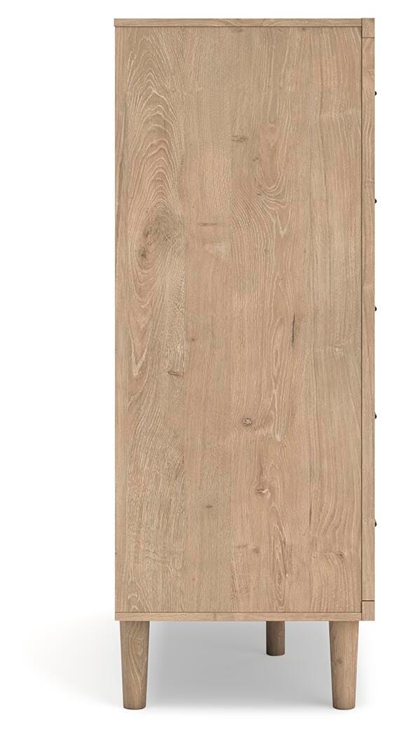 Ashley Furniture Cielden chest of drawers, wooden bedroom storage unit with multiple drawers, shown from side view.
