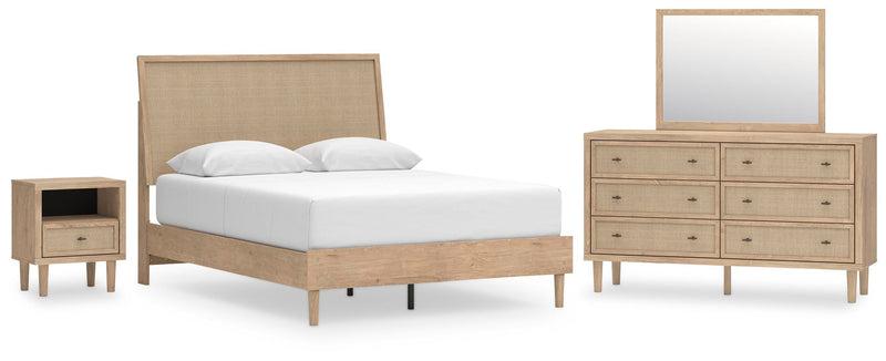 Ashley Furniture Cielden bedroom set with a wooden bed frame, matching nightstands, and dresser in a warm finish.