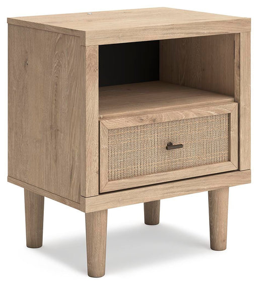 Ashley Furniture Cielden nightstand with a modern wooden design, featuring a drawer and open shelf for bedroom storage.