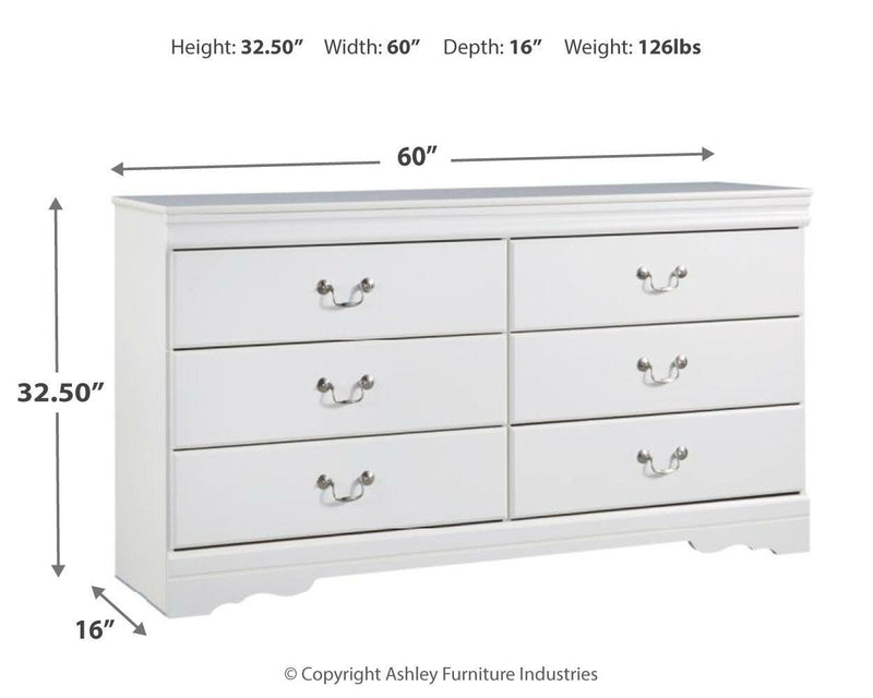 Ashley Furniture Anarasia dresser with multiple drawers in a light wood finish, showcasing elegant hardware and classic design.