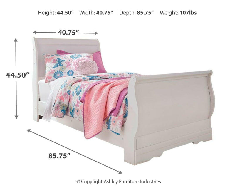 Ashley Furniture Anarasia bed with a sturdy wooden frame, featuring a tall, paneled headboard and elegant finish.