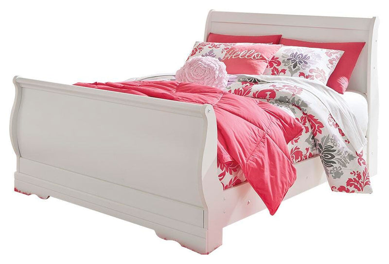 Ashley Furniture Anarasia Bed with upholstered headboard and dark wood finish, showcasing elegant bedroom furniture design.
