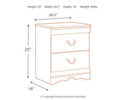 Ashley Furniture Anarasia nightstand with a dark wood finish, featuring two drawers and sleek metal handles.