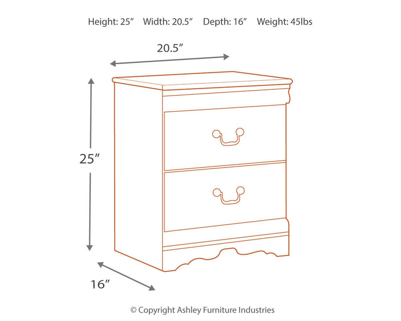 Ashley Furniture Anarasia nightstand with a dark wood finish, featuring two drawers and sleek metal handles.