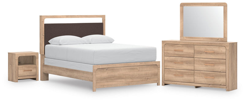 Ashley Furniture Kinlanni bedroom set with a modern bed frame, matching nightstands, and dresser in a stylish bedroom setting.