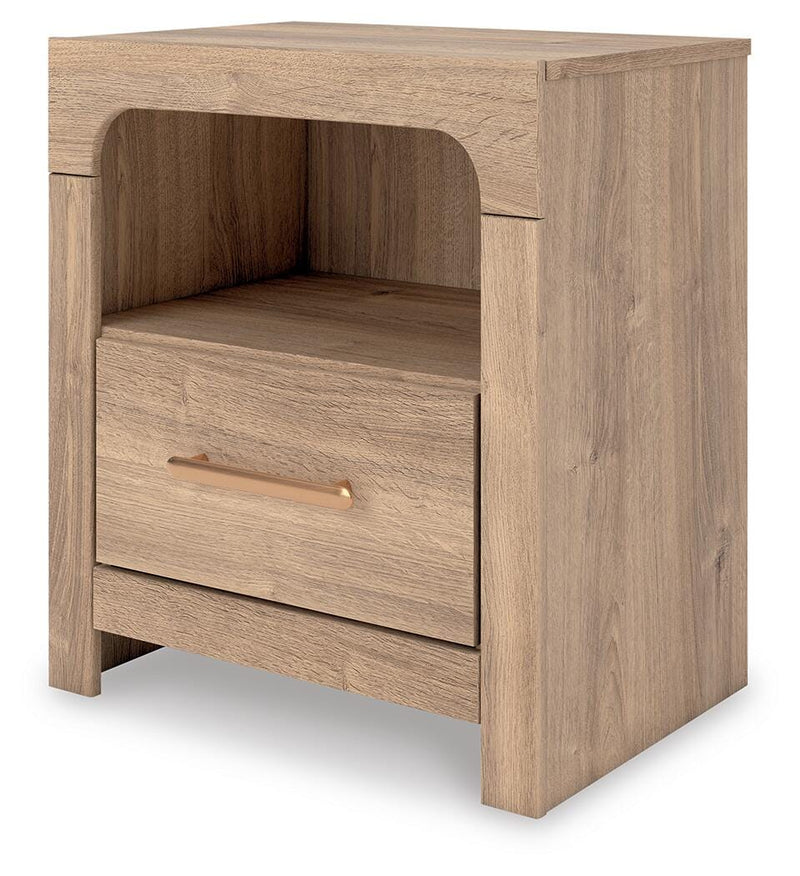 Ashley Furniture Kinlanni bedroom set featuring a bed, nightstands, and dresser with modern design and neutral wood finish.