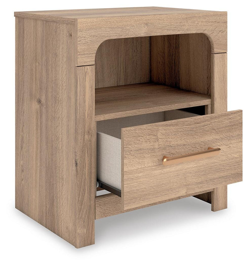 Ashley Furniture Kinlanni bedroom set with a view of the open wardrobe, showcasing modern bedroom furniture and storage options.