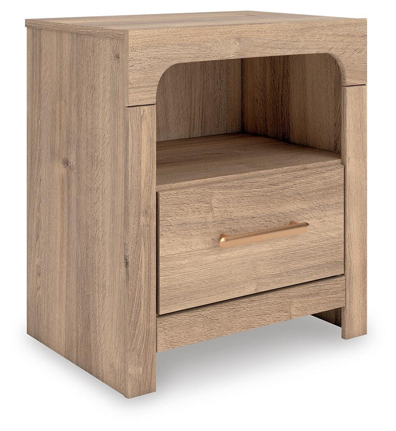 Ashley Furniture Kinlanni bedroom set with a bed, nightstands, and dresser in a modern design, shown from an angled perspective.