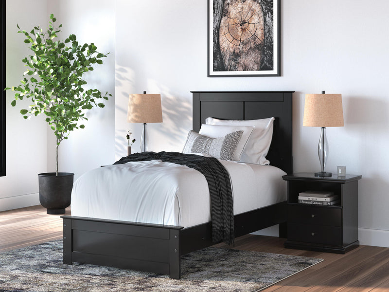 Ashley Furniture Maribel Bed with a sleek wooden frame and upholstered headboard, shown in a stylish bedroom setting.