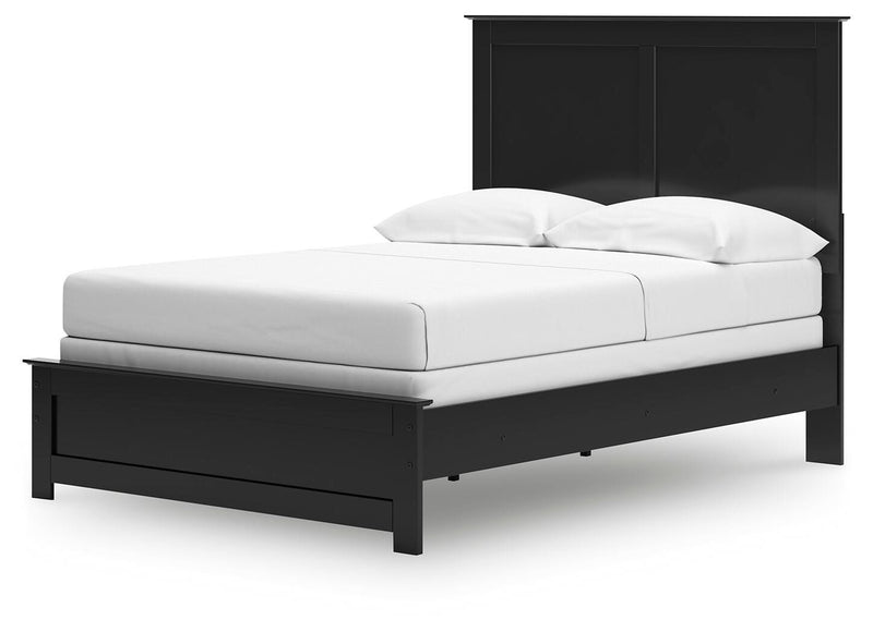 Ashley Furniture Maribel Bed with elegant wooden frame and neutral upholstery, shown from an angled side view.