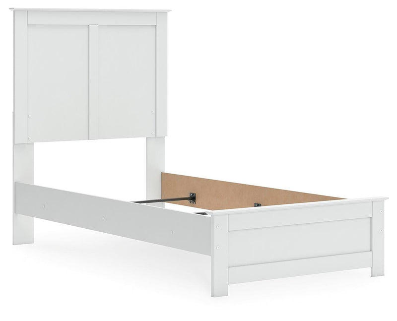 Ashley Furniture Bostwick Shoals Bed with a wooden frame and neutral-colored upholstery, shown from an angled side view.