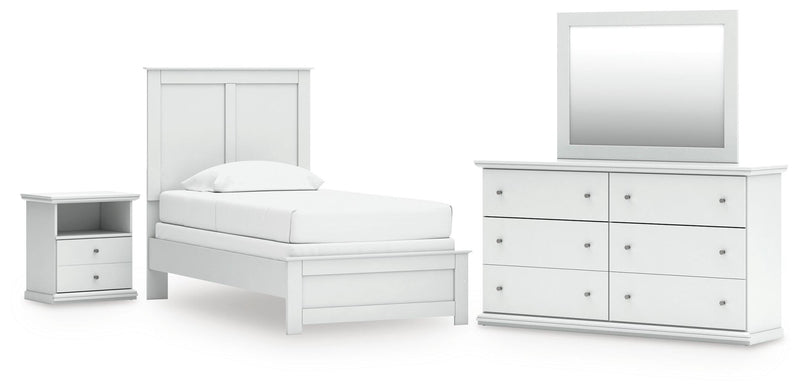 Ashley Furniture Bostwick Shoals bedroom set with a bed, matching nightstands, and dresser in a stylish bedroom layout.