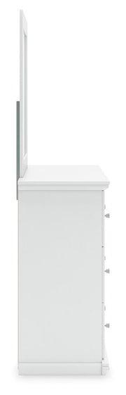Ashley Furniture Bostwick Shoals dresser with matching mirror, showcasing a wood finish and sleek drawer handles.