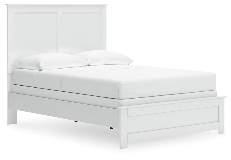 Ashley Furniture Bostwick Shoals bedroom set with a bed, nightstands, and dresser in a warm wood finish, shown from an angled perspective.