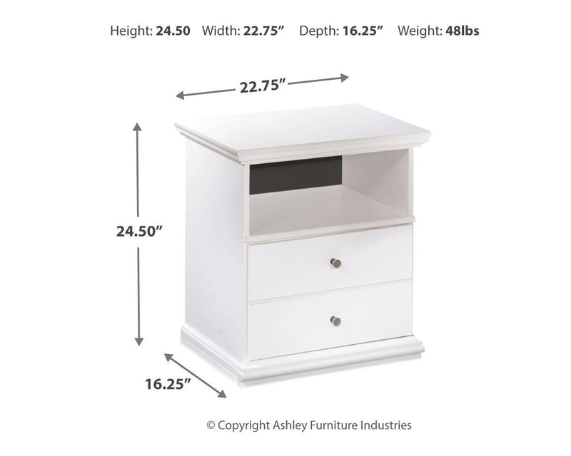 Ashley Furniture Bostwick Shoals nightstand with a dark wood finish, featuring a single drawer and a lower open shelf.
