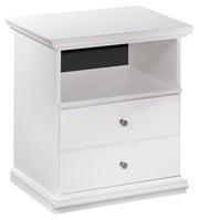 Ashley Furniture Bostwick Shoals nightstand with a dark wood finish, featuring a drawer and open shelf for bedroom storage.