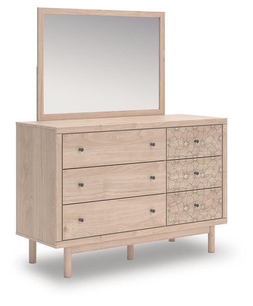 Ashley Furniture Arloster dresser with matching mirror, featuring a modern wood finish and sleek design, shown from an angled view.