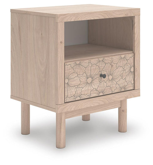 Ashley Furniture Arloster nightstand with a dark wood finish and modern design, featuring a single drawer and open shelf.