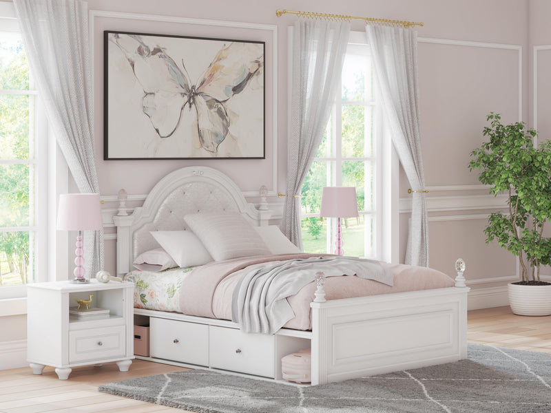 Ashley Furniture Kozlani upholstered bed with a plush fabric headboard and sleek frame, shown in a modern bedroom setting.