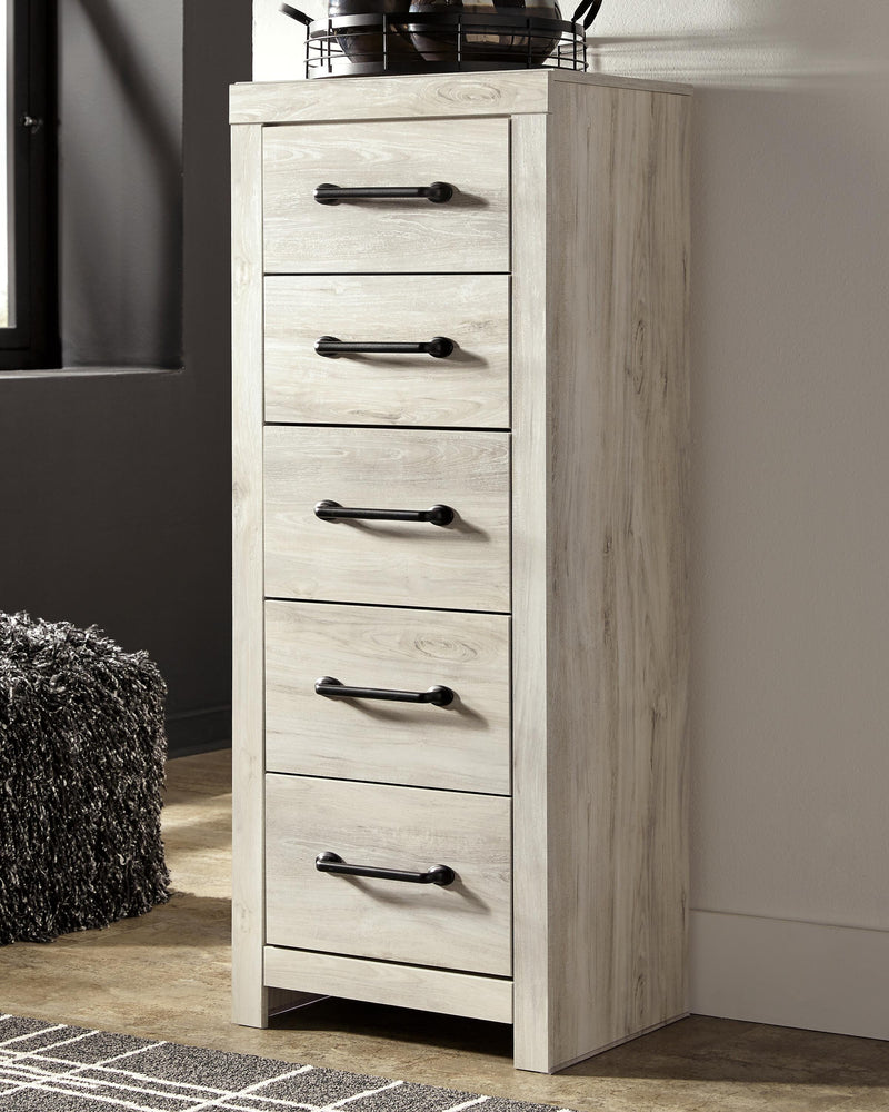 Ashley Furniture Cambeck narrow chest of drawers with sleek design and multiple drawers for storage, shown in a close-up image.