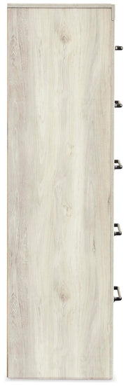 Side view of the Ashley Furniture Cambeck narrow chest of drawers, showing dark wood finish and sleek design.