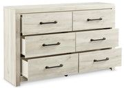 Ashley Furniture Cambeck dresser and mirror, open-angle view showing the wooden dresser with mirror attached, modern bedroom furniture.
