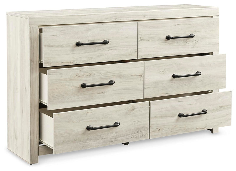 Ashley Furniture Cambeck dresser and mirror, open-angle view showing the wooden dresser with mirror attached, modern bedroom furniture.