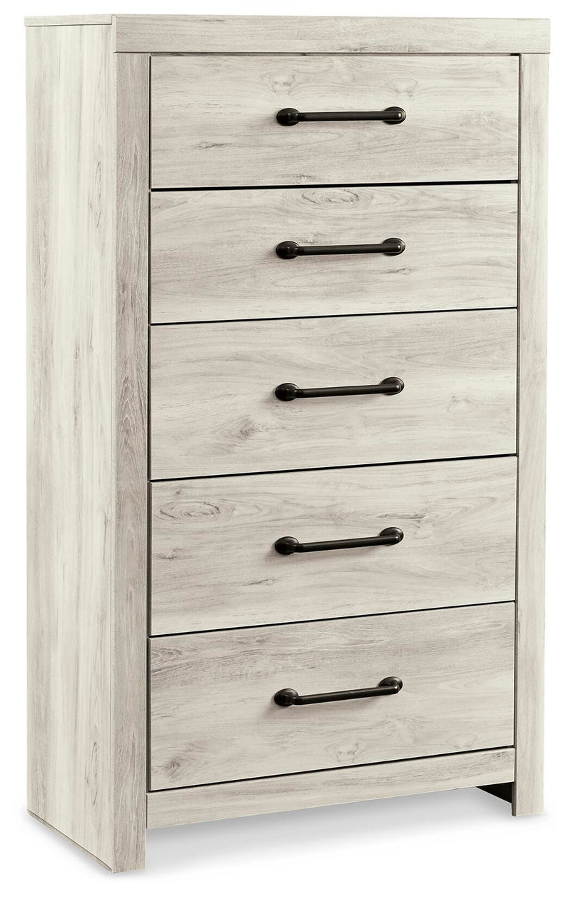 Ashley Furniture Cambeck chest of drawers with a dark wood finish, shown from an angled side view.
