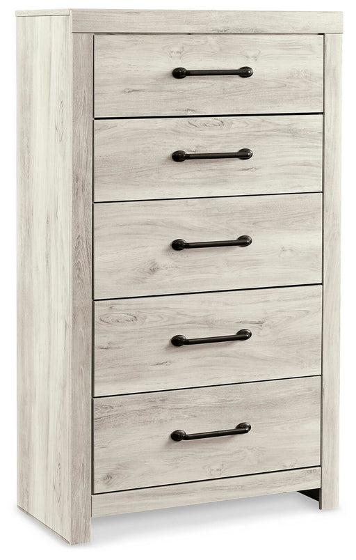 Ashley Furniture Cambeck chest of drawers with a dark wood finish, shown from an angled side view.