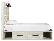 Ashley Furniture Cambeck Bed with two storage drawers, featuring a wooden frame and side view showing the drawers and bed structure.