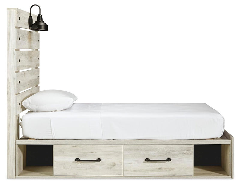 Ashley Furniture Cambeck Bed with two storage drawers, featuring a wooden frame and side view showing the drawers and bed structure.
