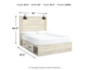 Ashley Furniture Cambeck bed with two storage drawers, wooden frame, and neutral finish, shown with mattress and bedding.