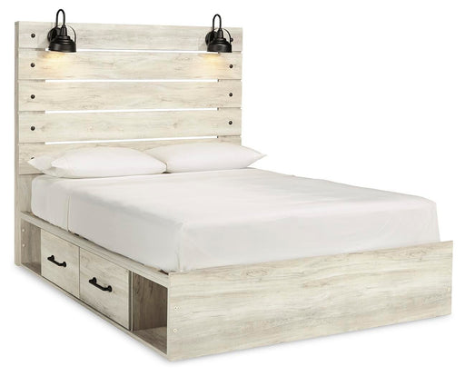 Ashley Furniture Cambeck bed with four storage drawers, featuring a sleek wood finish and angled side panels for a modern look.