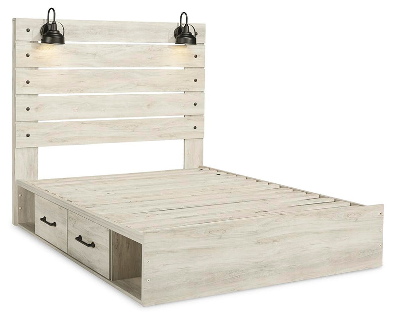 Ashley Furniture Cambeck bed with four storage drawers, dark wood finish, showcasing the bed frame and built-in storage compartments.